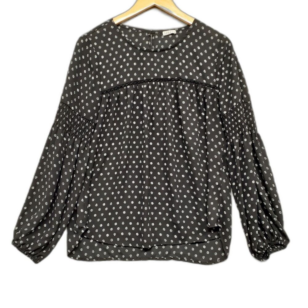 Spense Womens M Black White Sheer Polka Dot Puff Long Sleeve Round Neck Blouse